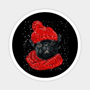 Black Pug Wearing Red Hat And Scarf In Snow Christmas Magnet